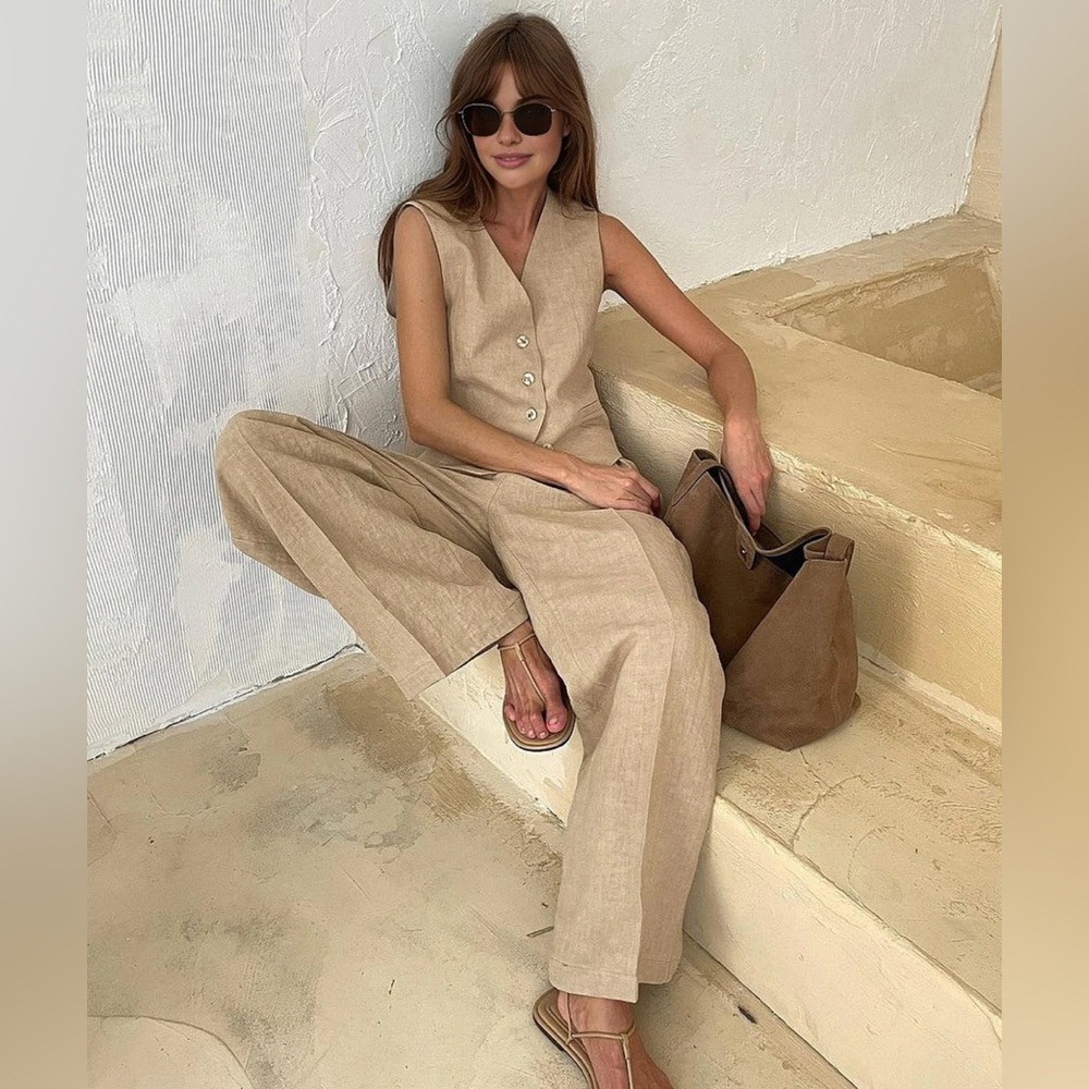 Commense Women's Wide-Leg Linen Vest Dress Pant Set in Beige Small